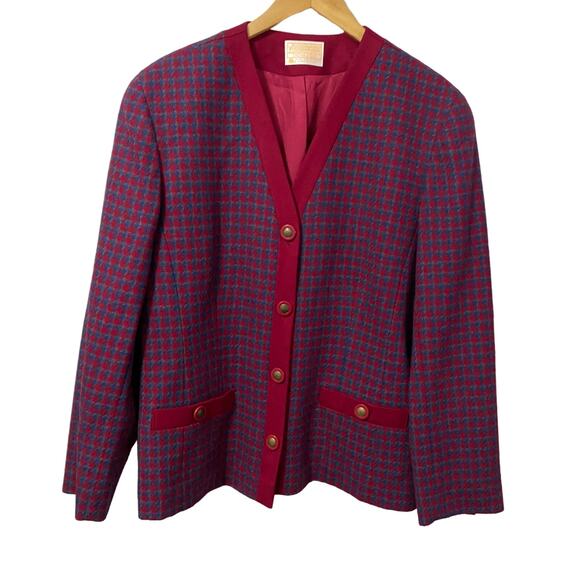 Pendleton Vintage Red & Blue Houndstooth Wool Blazer Jacket Button Closure Sz 14 - Picture 1 of 10